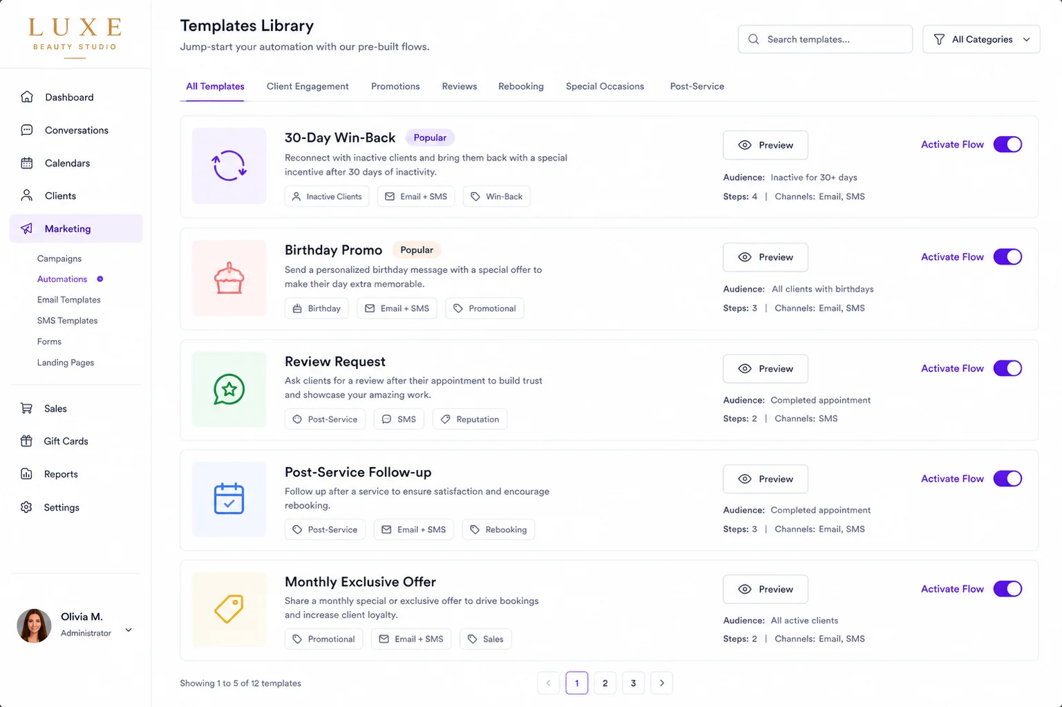 Pre-built flows for welcome, review request, win-back, birthday, and post-service visual demonstration mockup