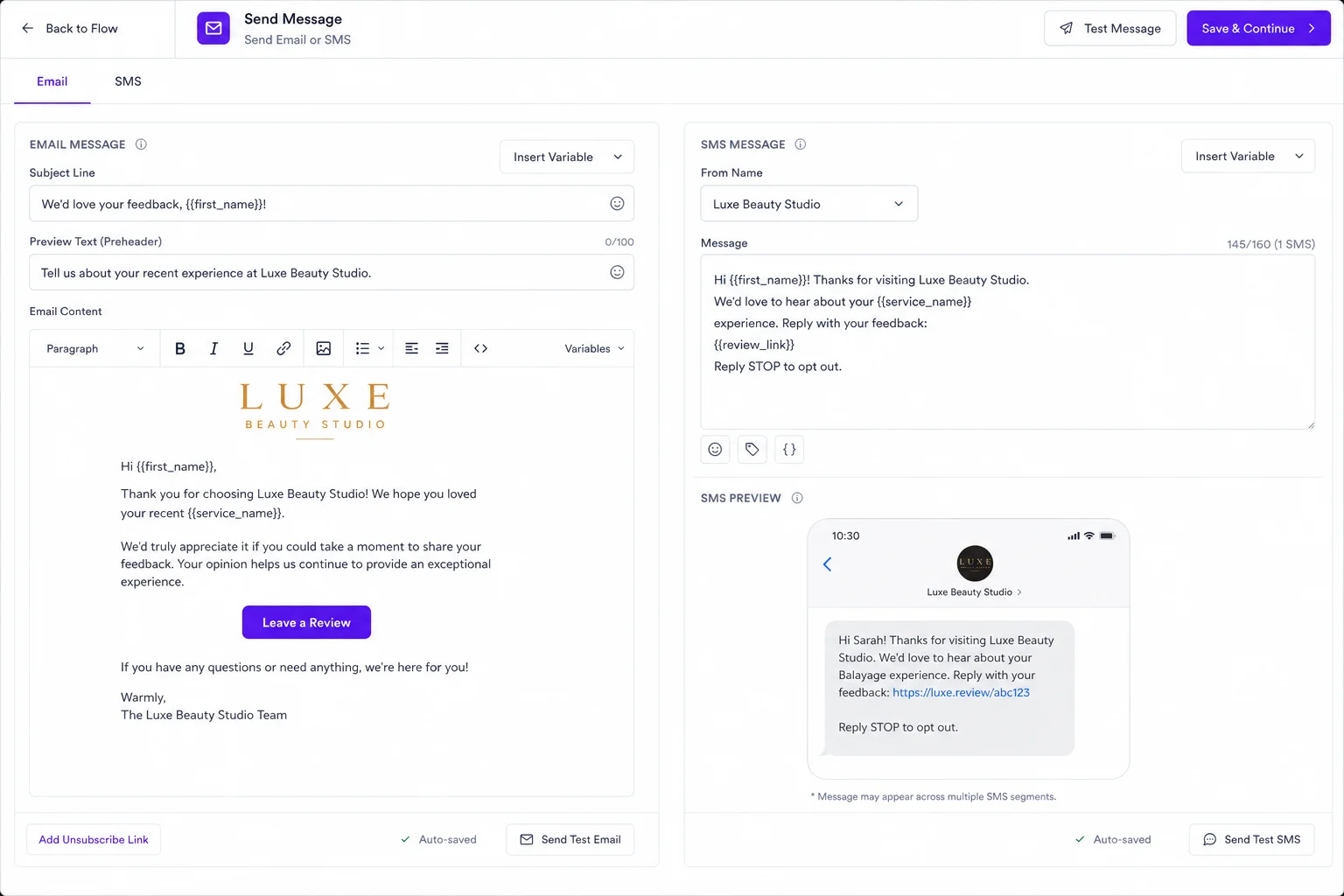 SMS and email channels in one flow visual demonstration mockup