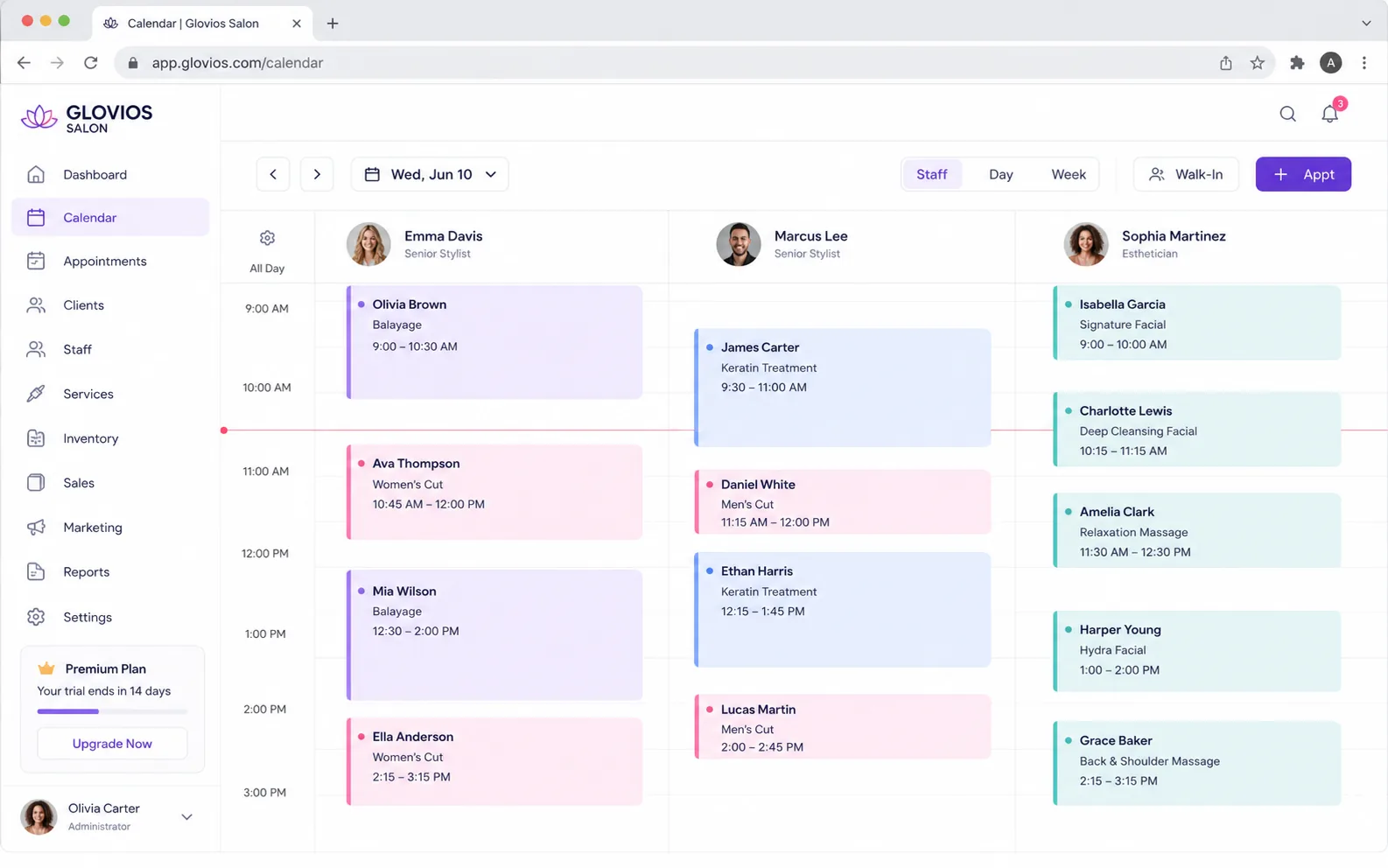 Zelzoni salon calendar scheduling dashboard showing staff columns, appointment cards, and day view
