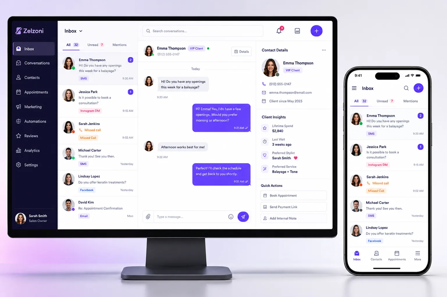 Side-by-side view of Zelzoni inbox on both a desktop monitor and mobile smartphone