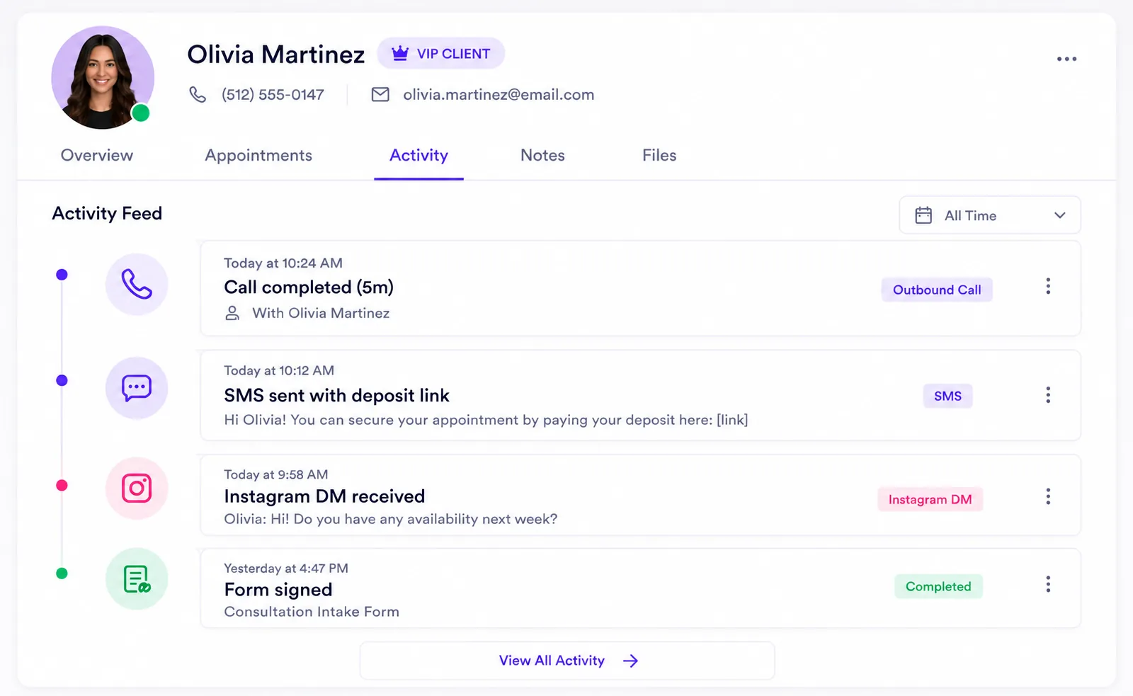 Client profile card displaying chronological conversation logs history