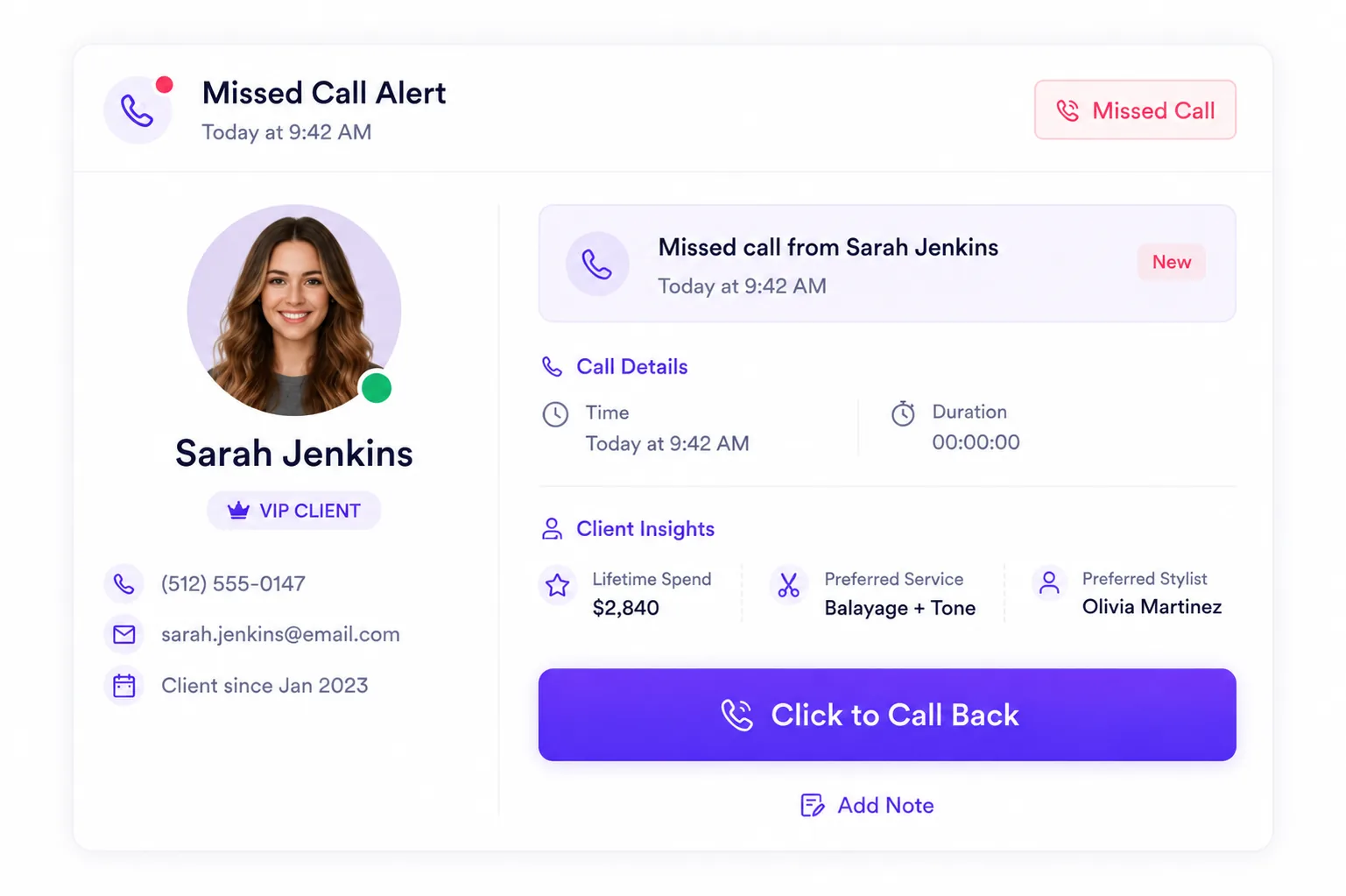 Missed call notification banners inside the Zelzoni interface