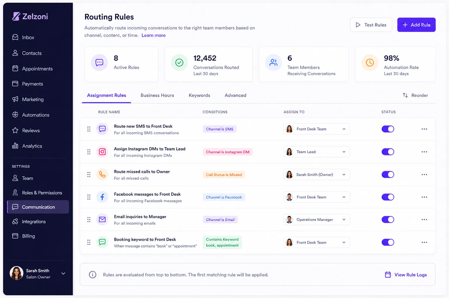 Settings panel for setting up conversation routing rules and staff assignments