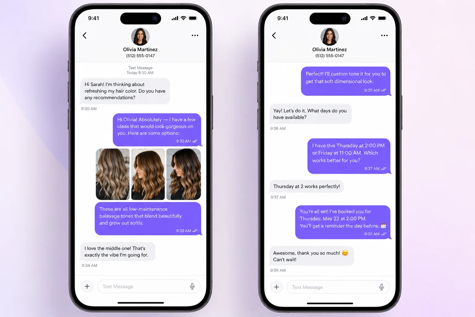 Two-way SMS chat view displaying direct client conversations and photo uploads