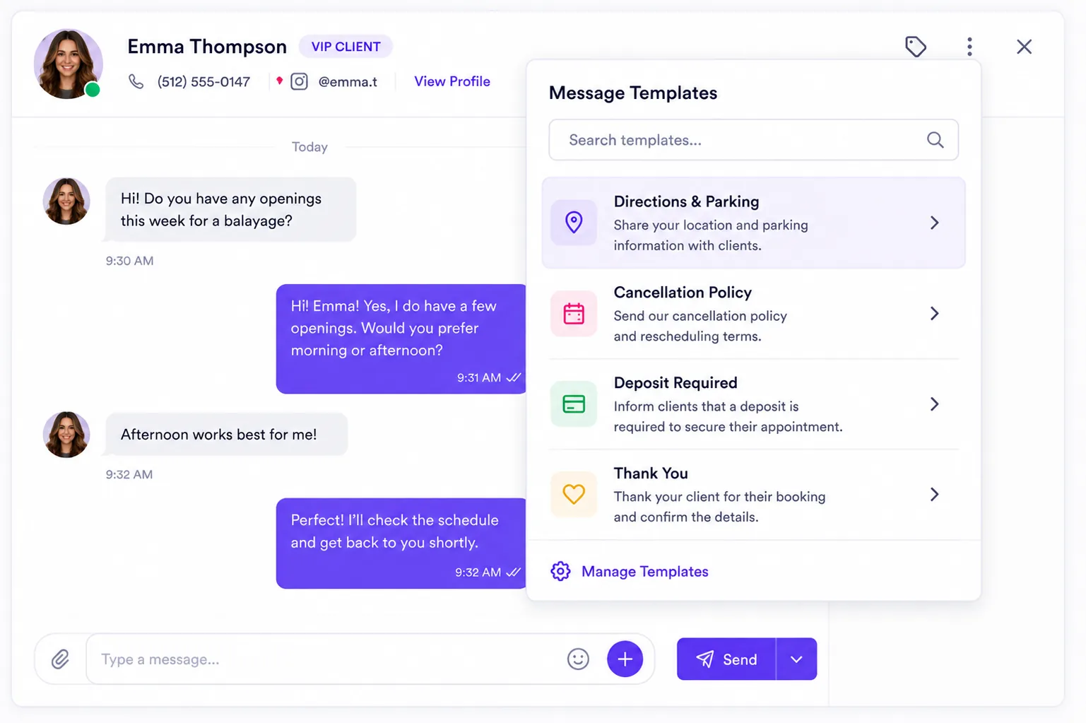 Messaging template selection modal with pre-saved client text options