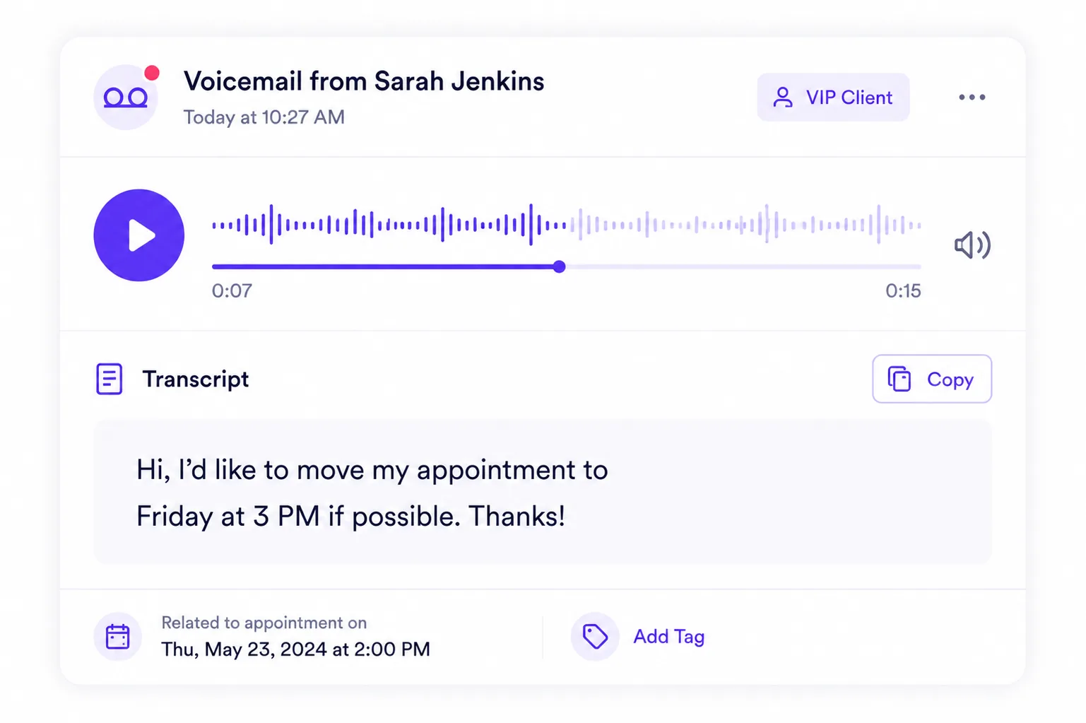 Voicemail audio player panel showing accurate text transcripts of user voicemails