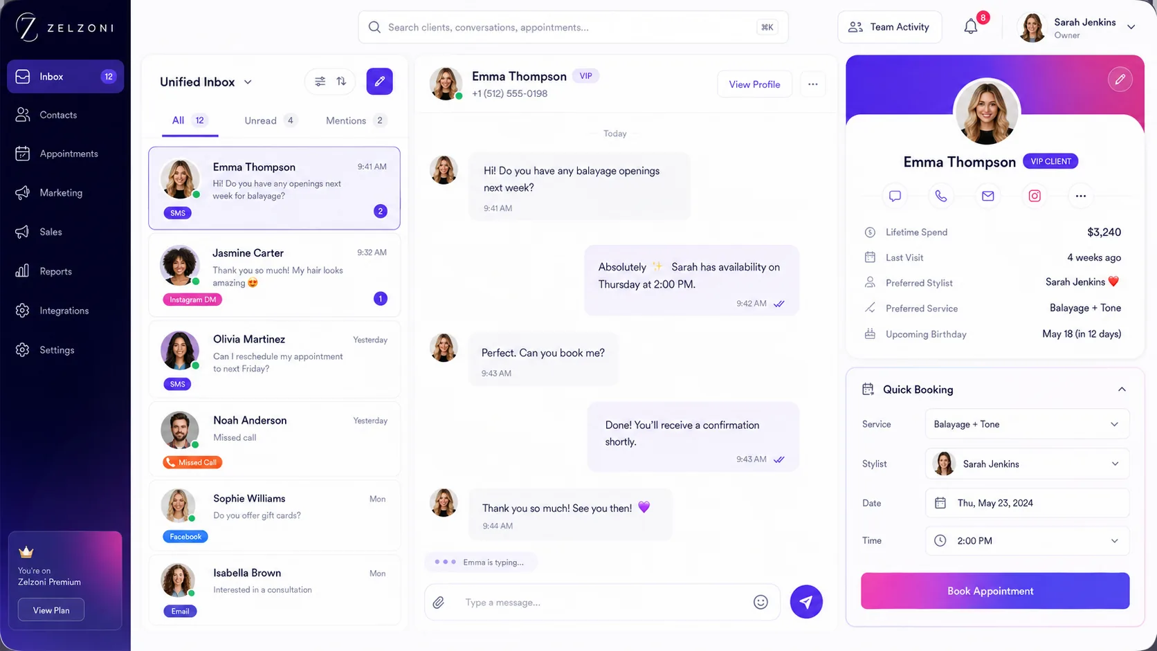 Zelzoni unified inbox dashboard displaying client chat threads, SMS history, and missed calls log