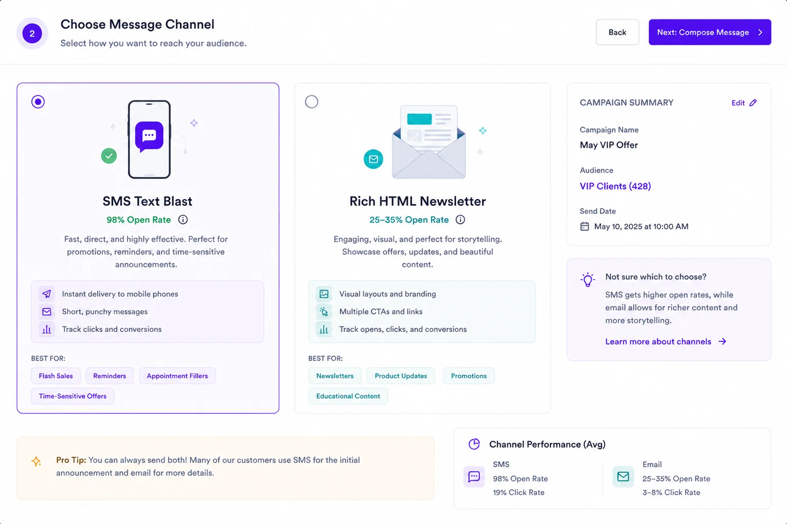 Email and SMS channels visual demonstration mockup