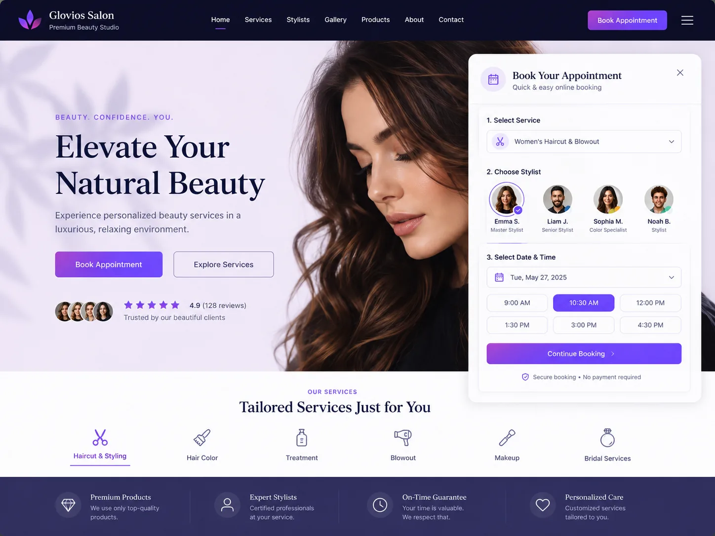 Sleek booking widget embedded on a salon homepage