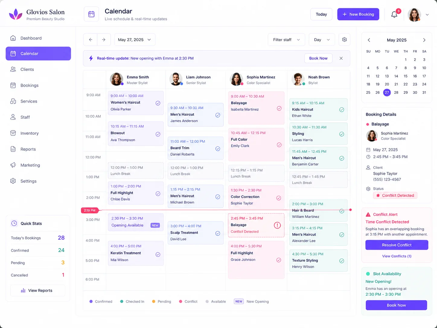 Real-time salon availability and stylist calendar synchronization