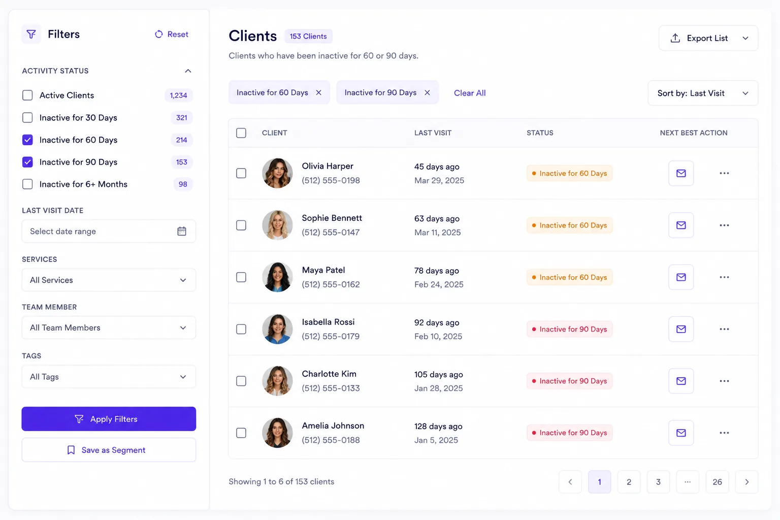 Inactivity search filter page showing a list of lapsed clients