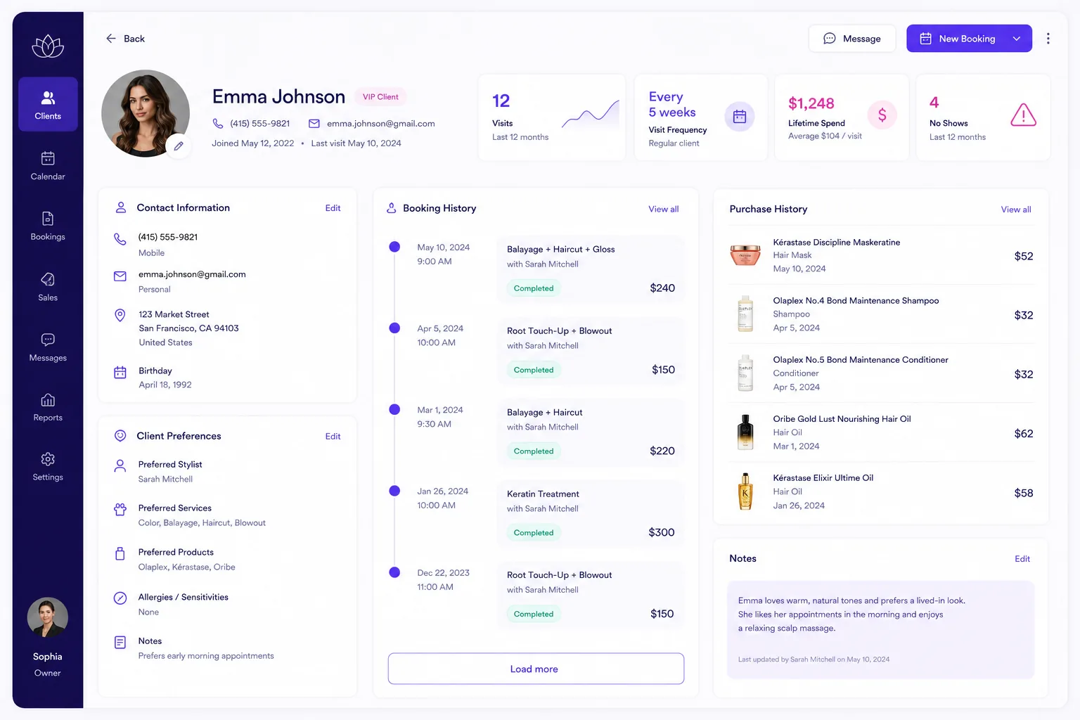 Unified client profile dashboard displaying complete visit history and loyalty stats