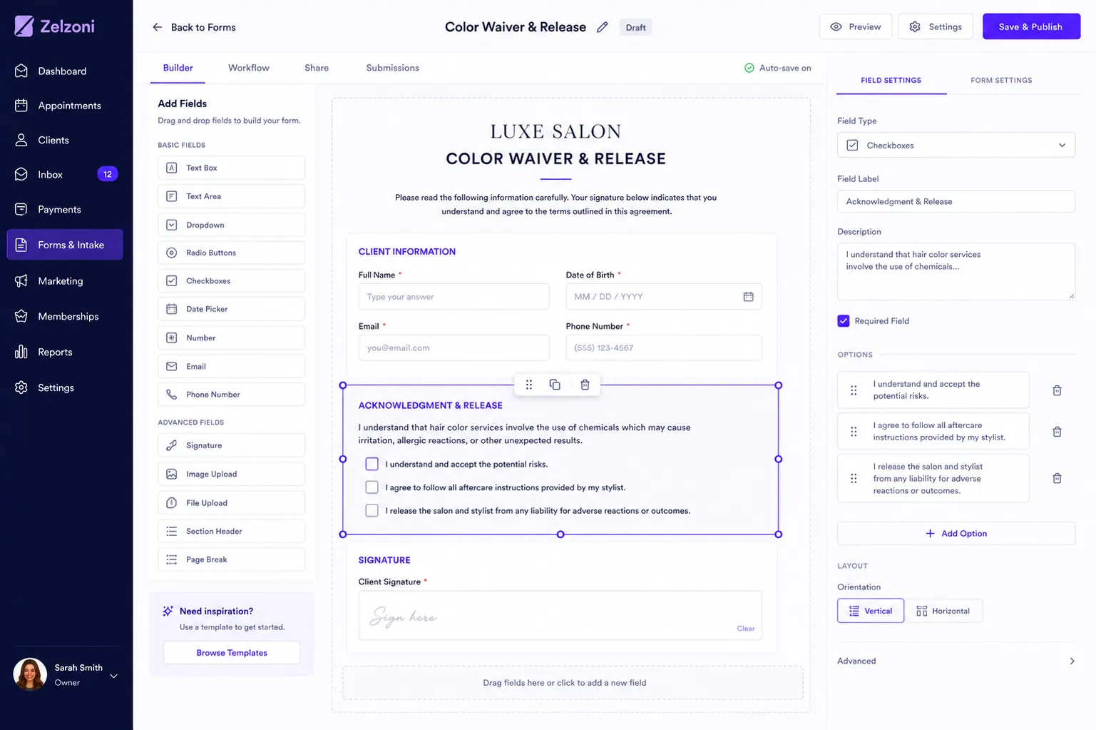 Drag-and-drop form builder interface for designing custom waivers and intakes