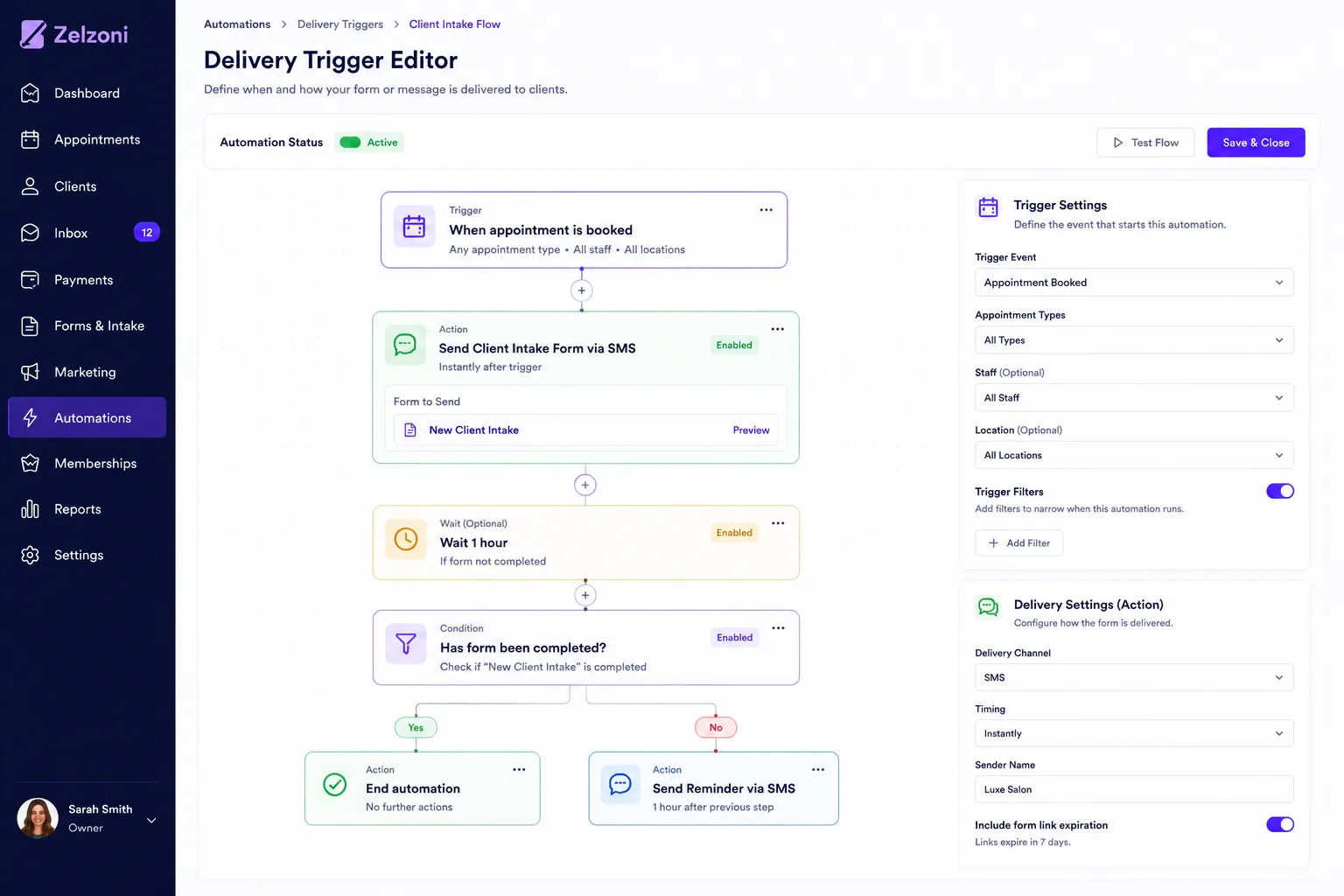 Automated communication rules screen showing triggers for form delivery