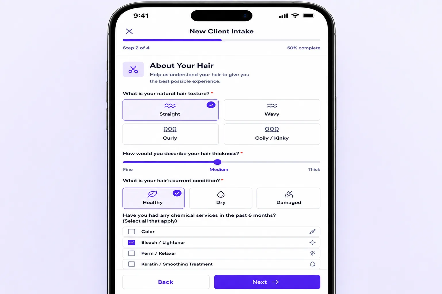 Intake form view optimized for mobile smartphone screen layout
