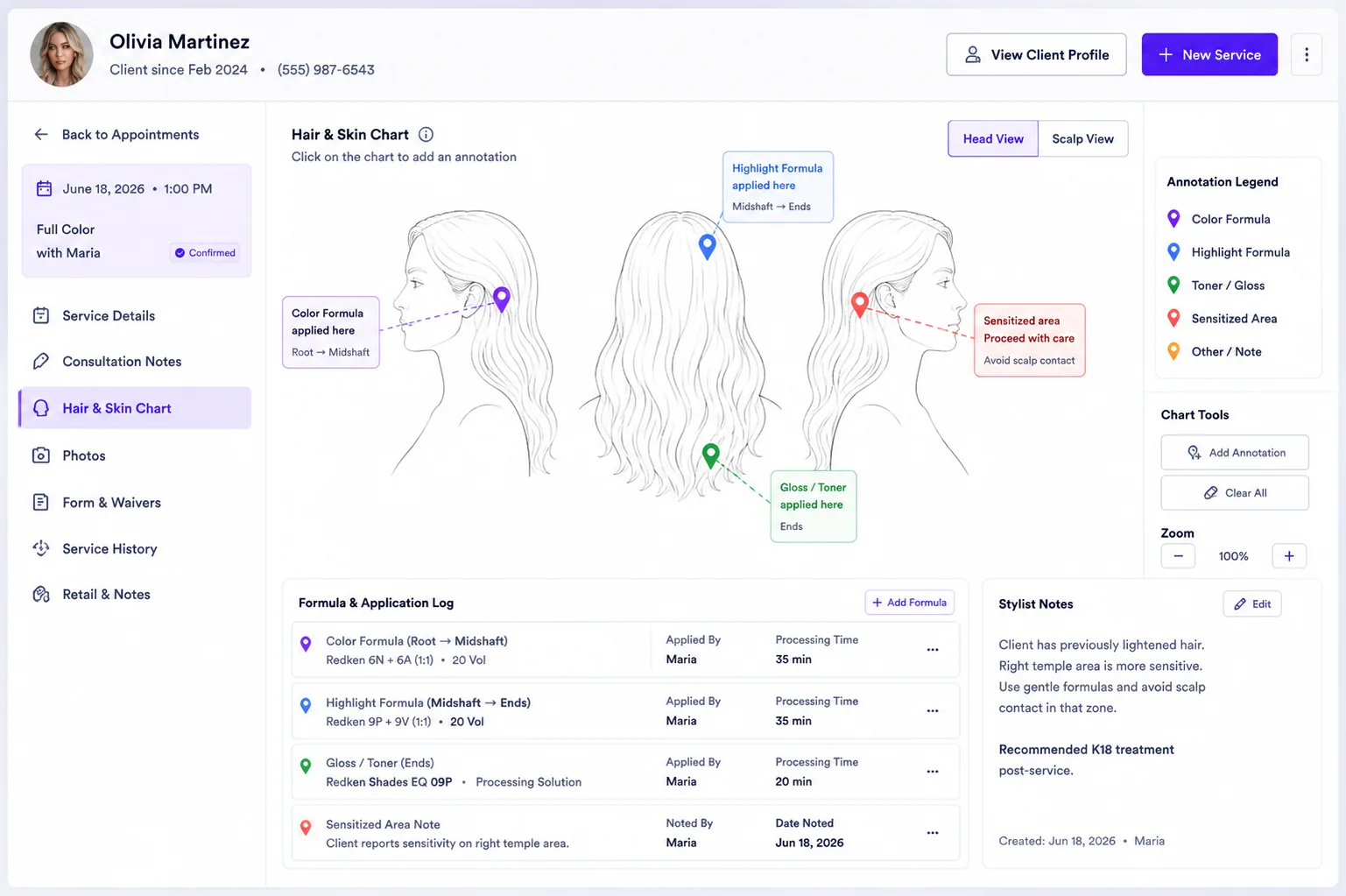 Stylist notes panel showing service formulas and visual chart annotations