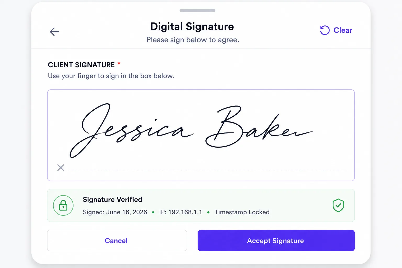 Mobile screen showing digital sign-off container with timestamp and user signature