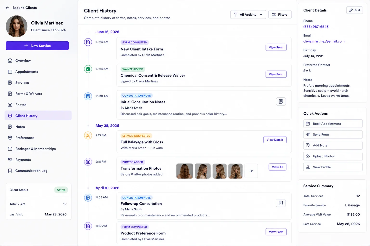 Client profile history page showing chronological intake forms and formulas history
