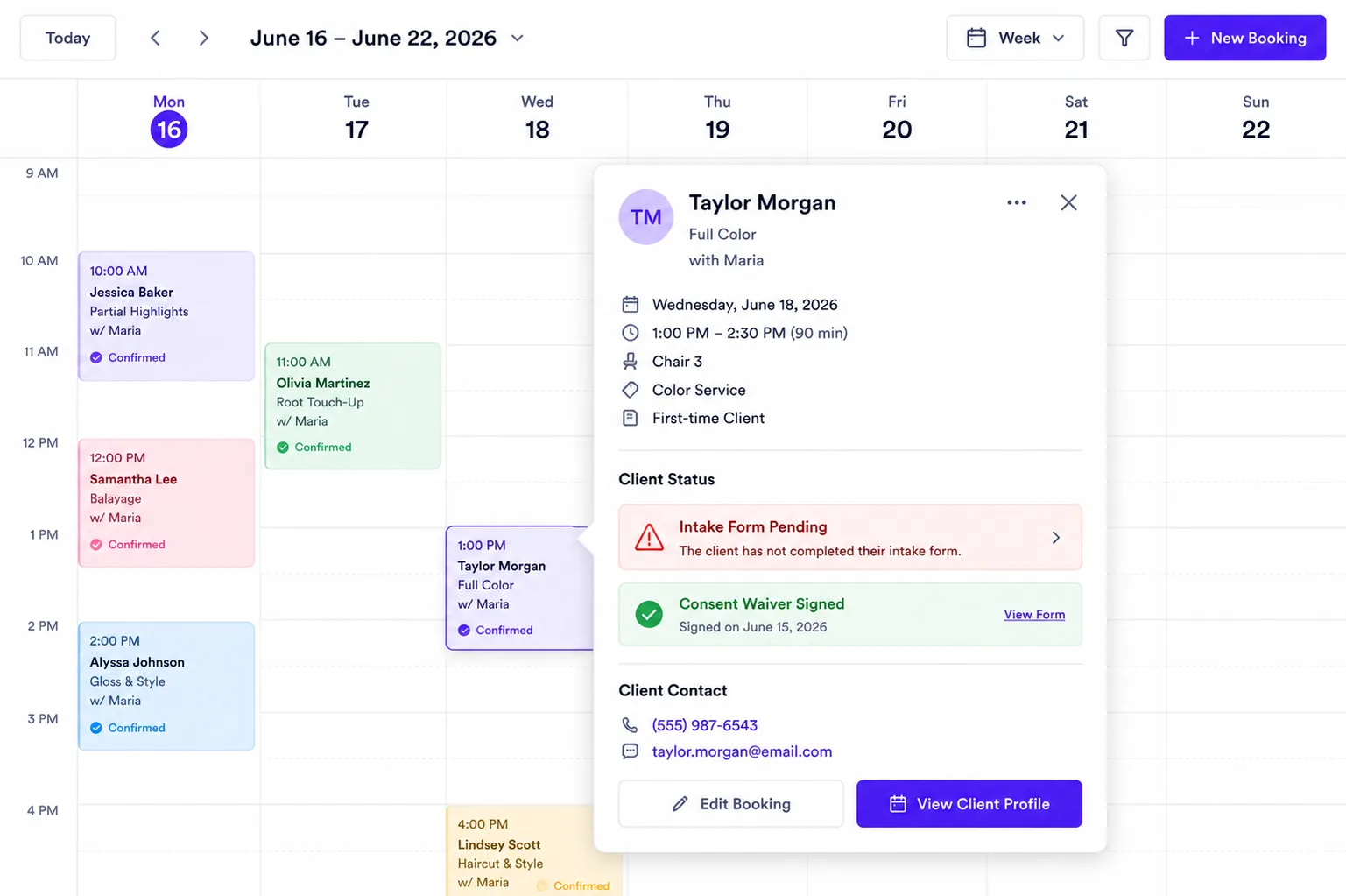 Zelzoni calendar view with form status indicator badges on booking cards