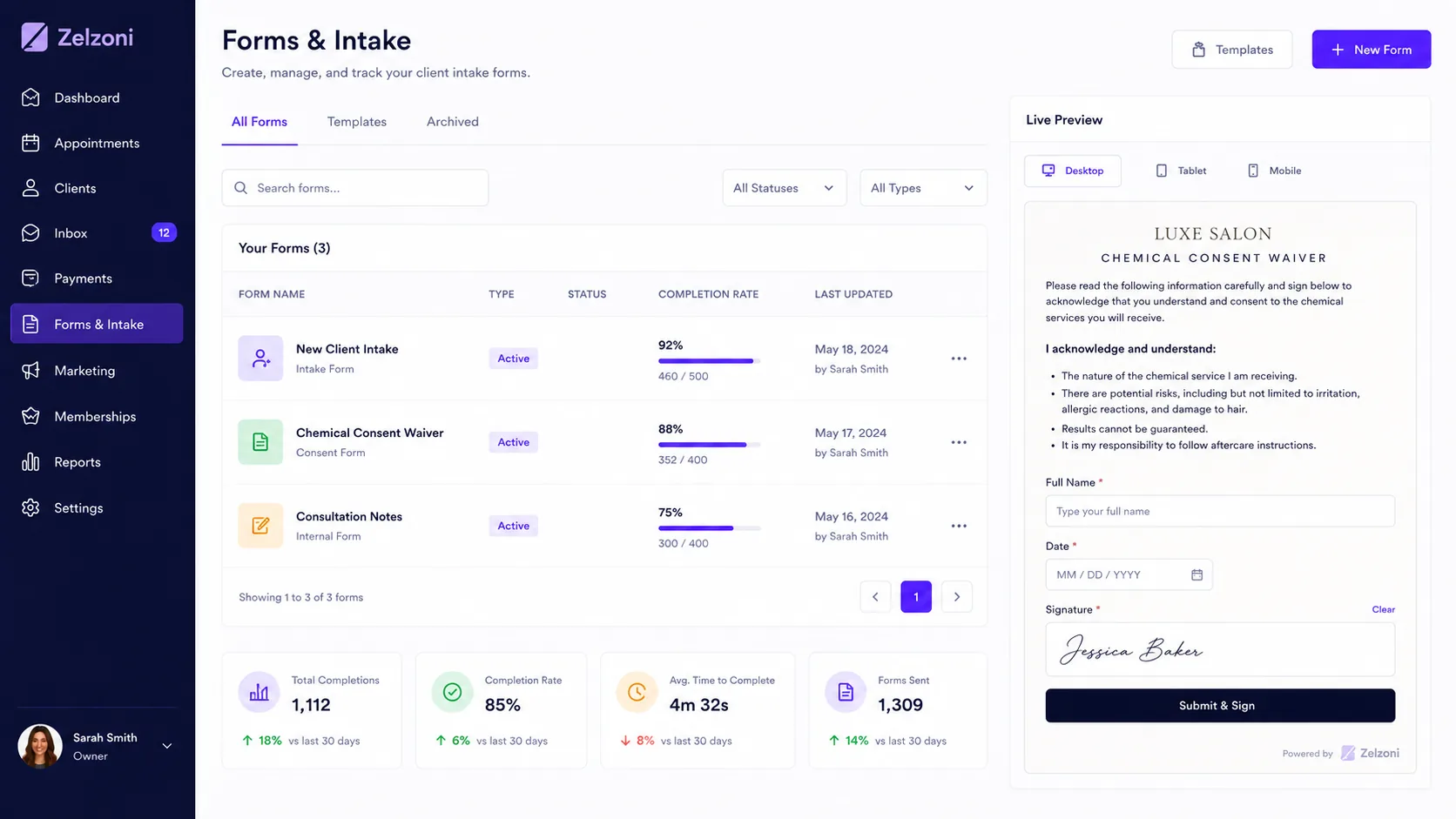 Zelzoni digital forms manager showing customizable intake templates and client waiver previews