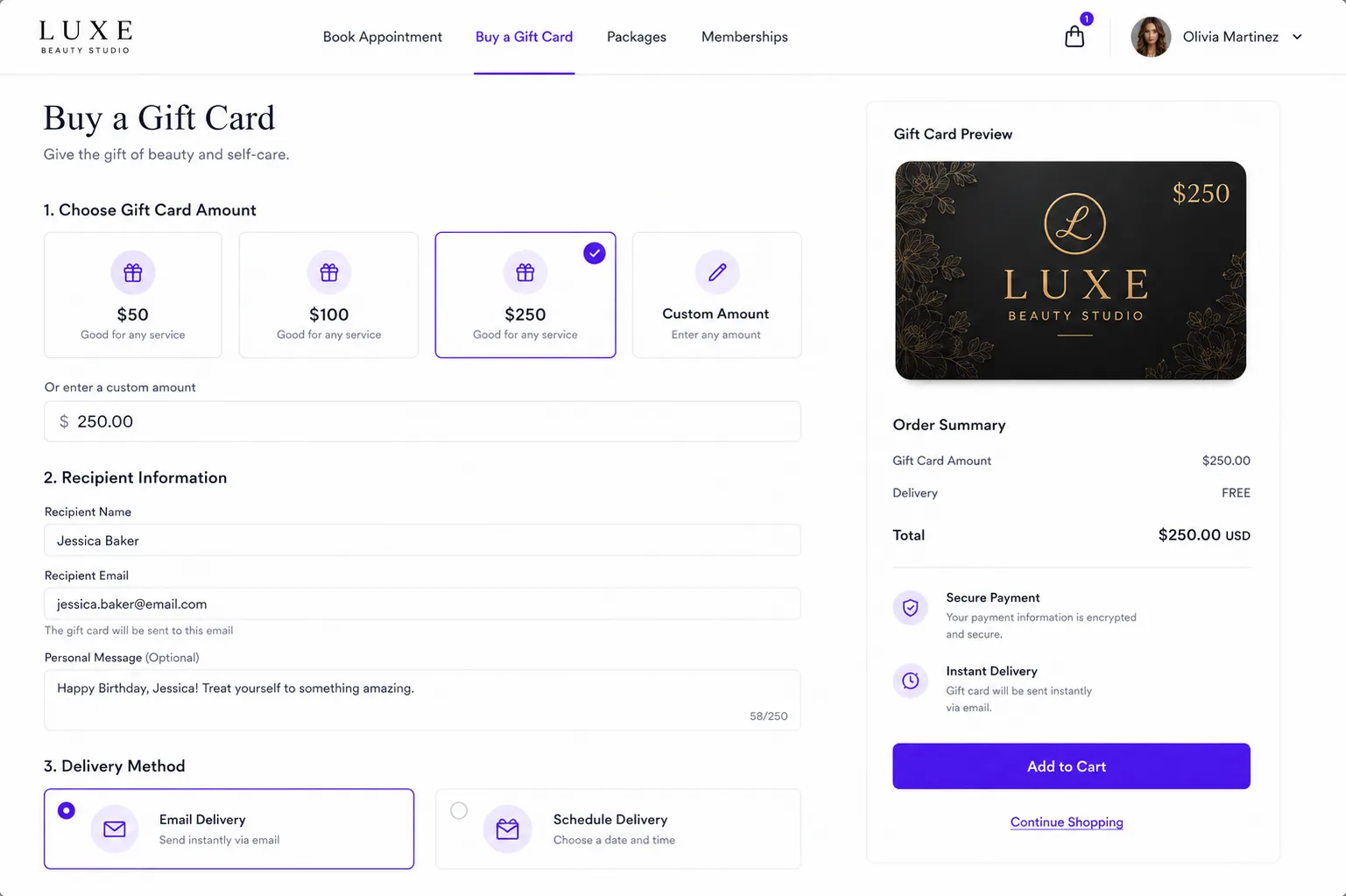 Online booking widget showing a dedicated tab for purchasing gift cards