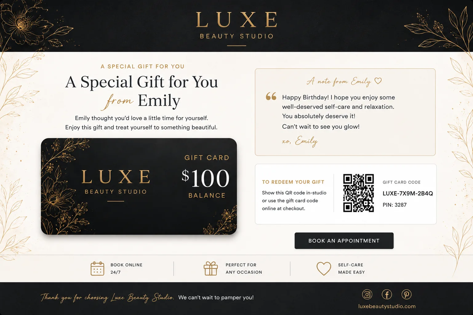 Sample e-gift card email layout showing personalized message and barcode