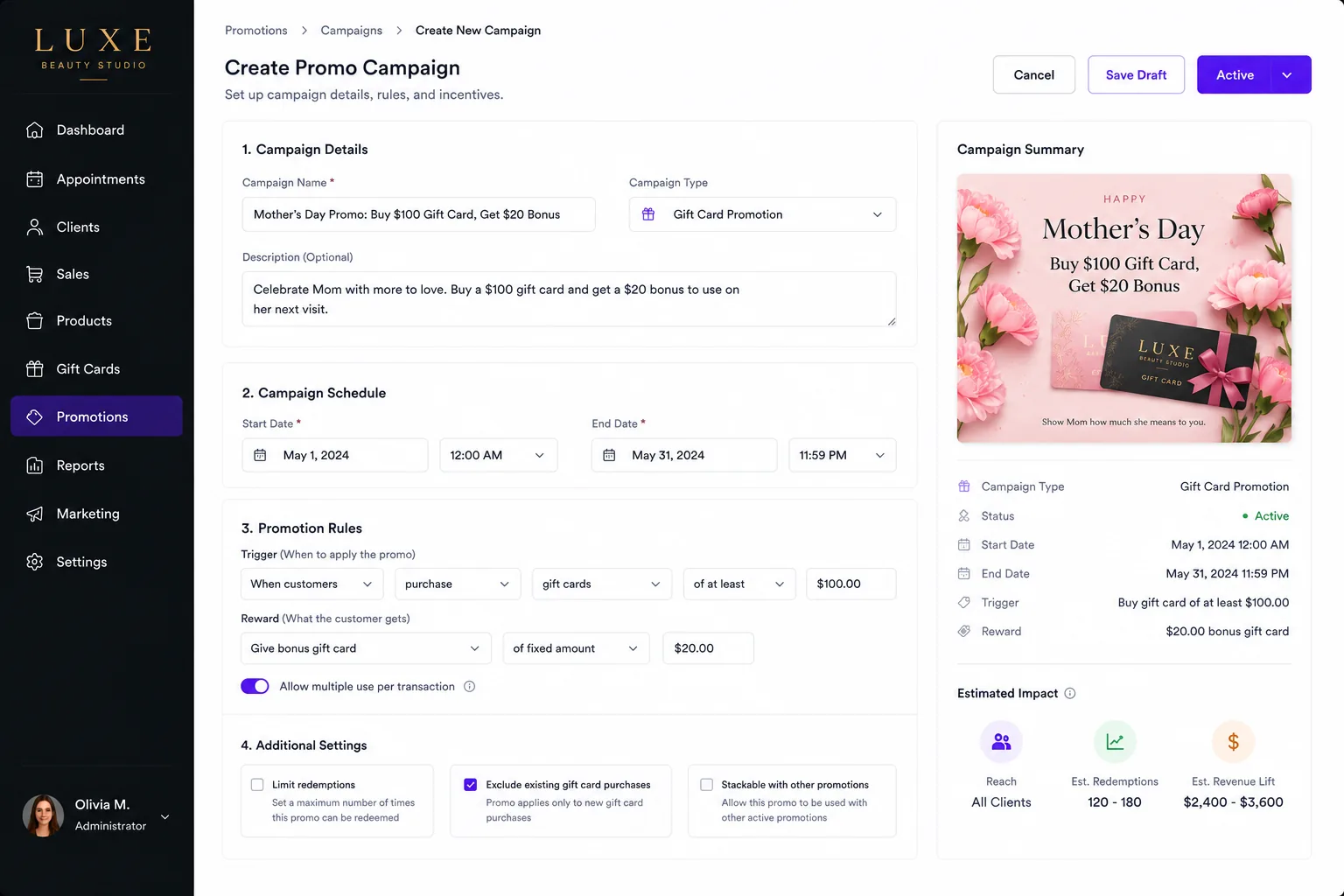 Campaign manager dashboard showing gift card promo codes setup