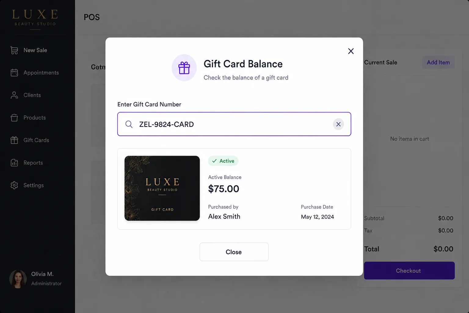 Zelzoni register screen displaying gift card balance search results