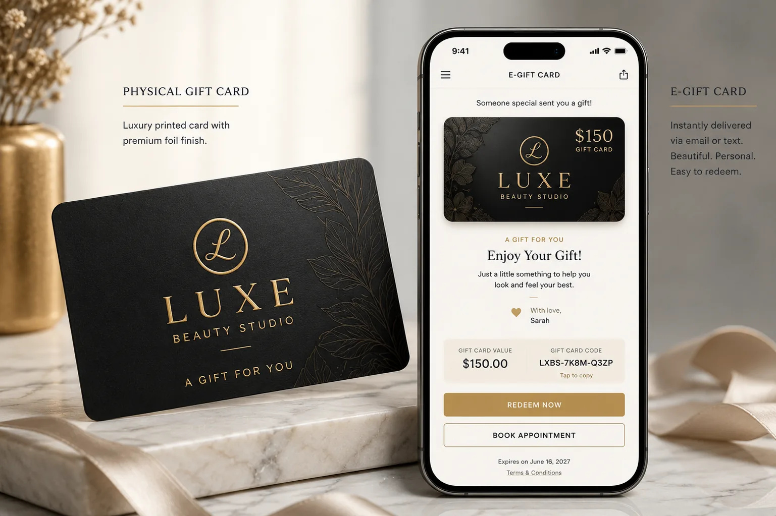 Physical gift card mockup layouts and digital e-card formats on mobile screen