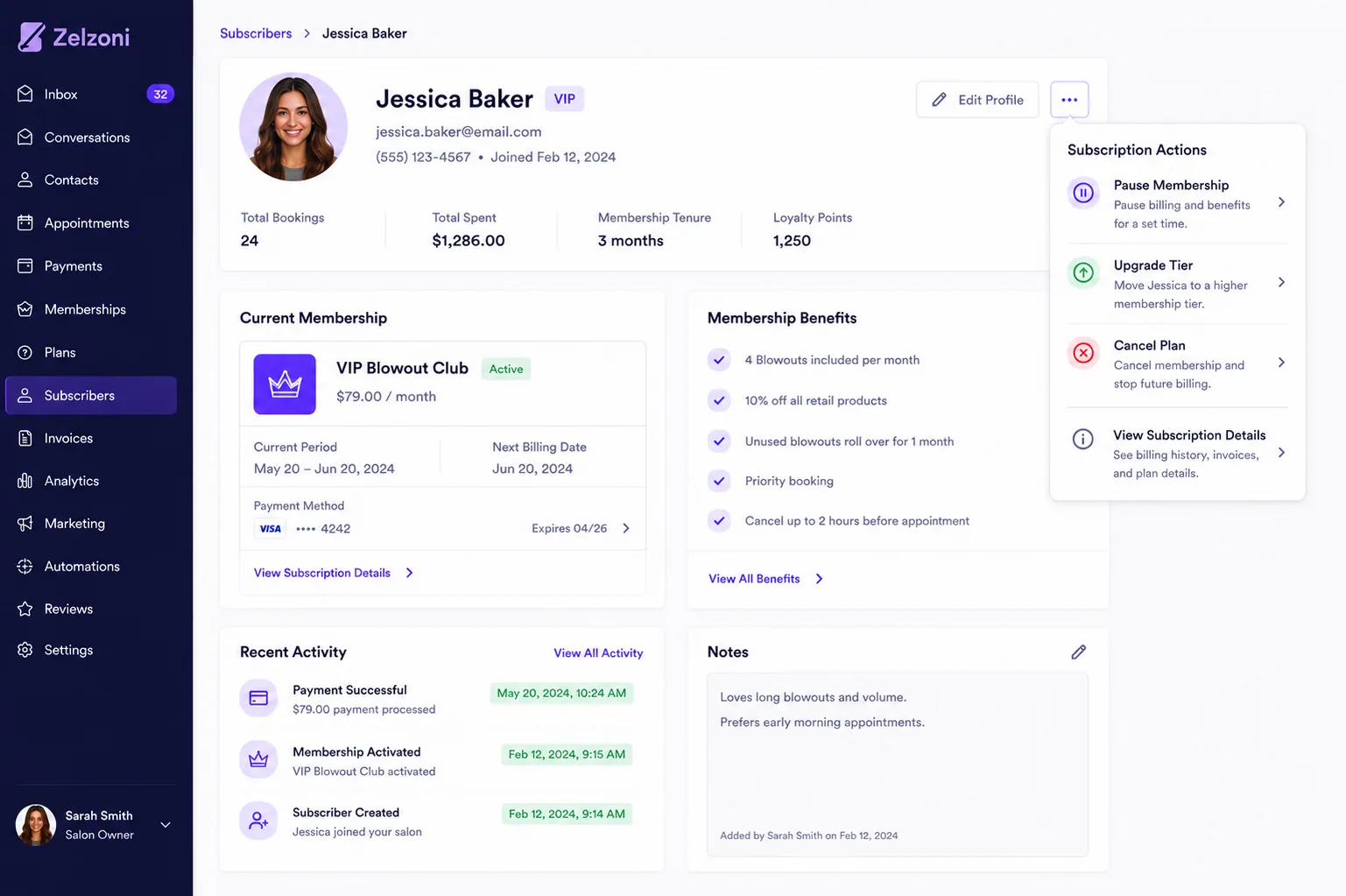 Client profile actions menu showing membership pause, upgrade, and cancellation controls