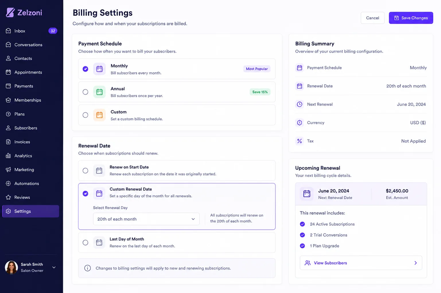 Billing schedule setup options with recurring invoice frequency selections