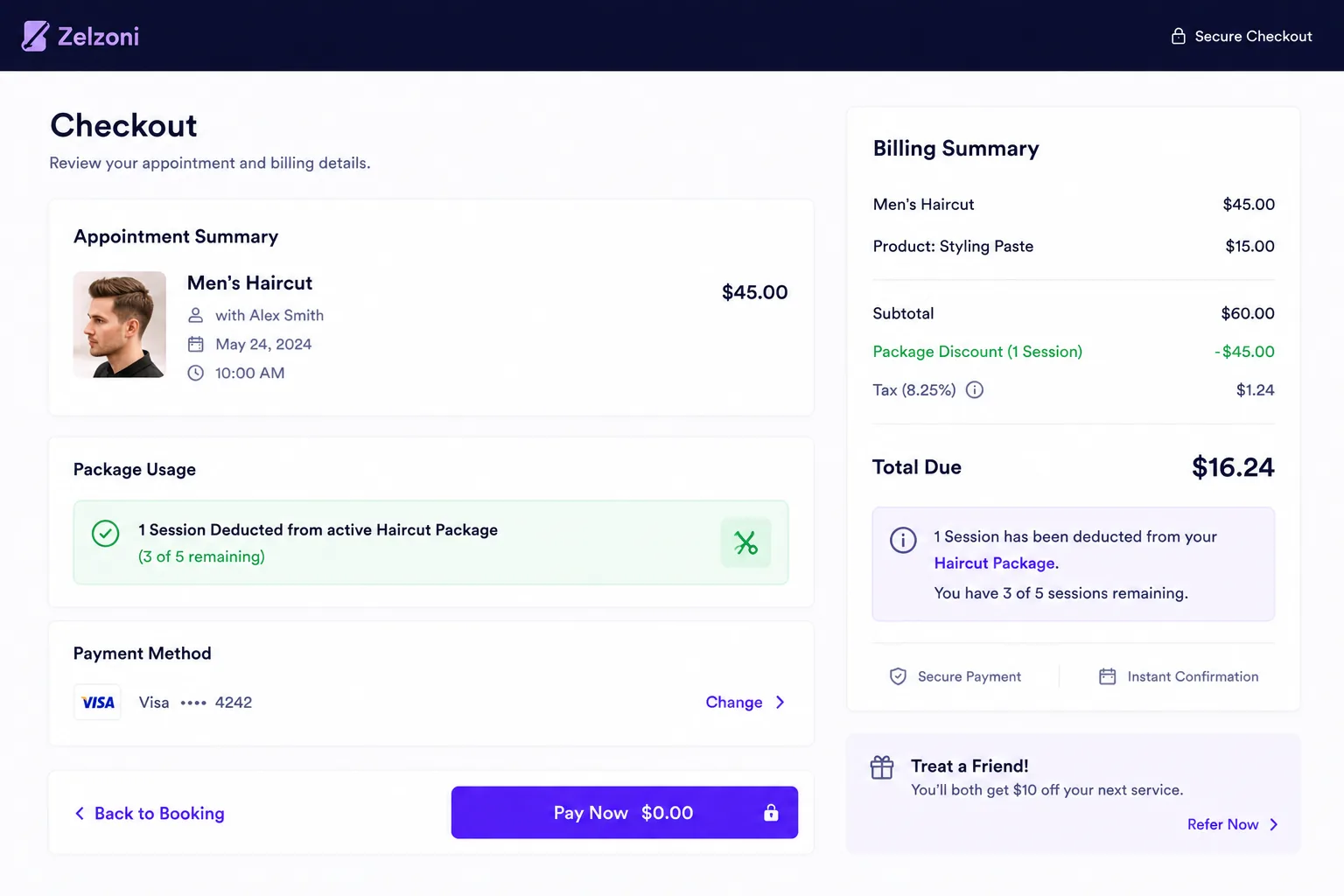 POS register checkout showing instant deduction of a package session