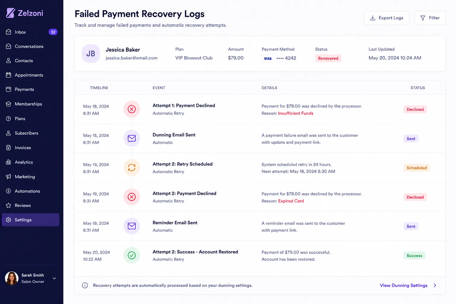 Automated billing logs showing successful renewals and card retry configurations