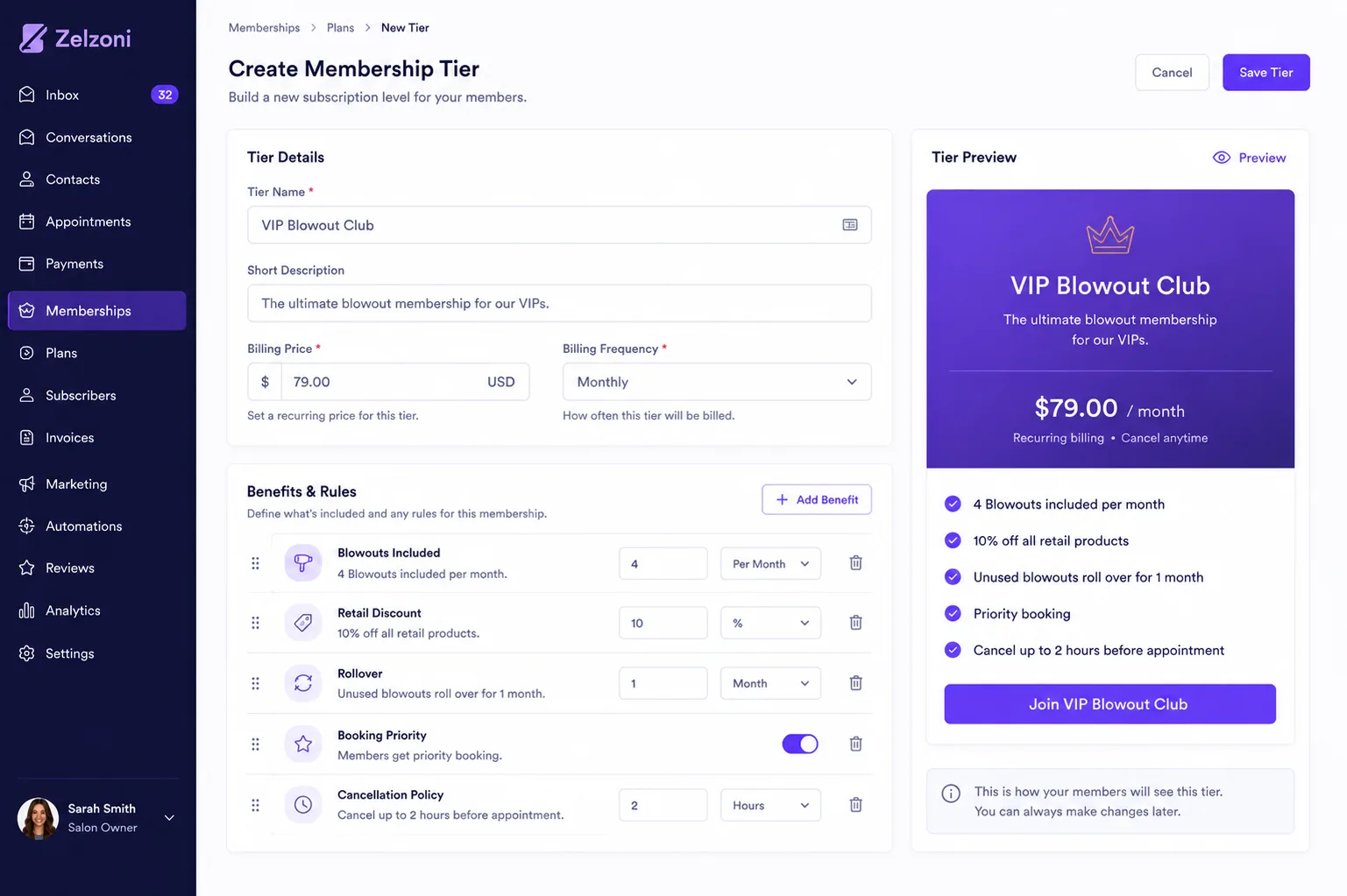 Membership tier builder interface showing options for pricing, service inclusions, and retail discounts