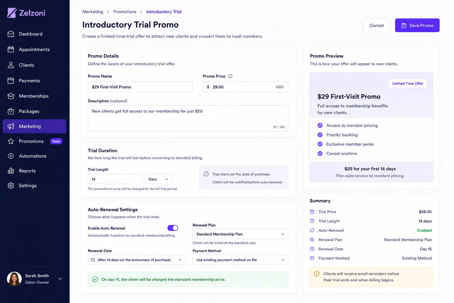 Trial management interface for setting introductory rates and promotion codes