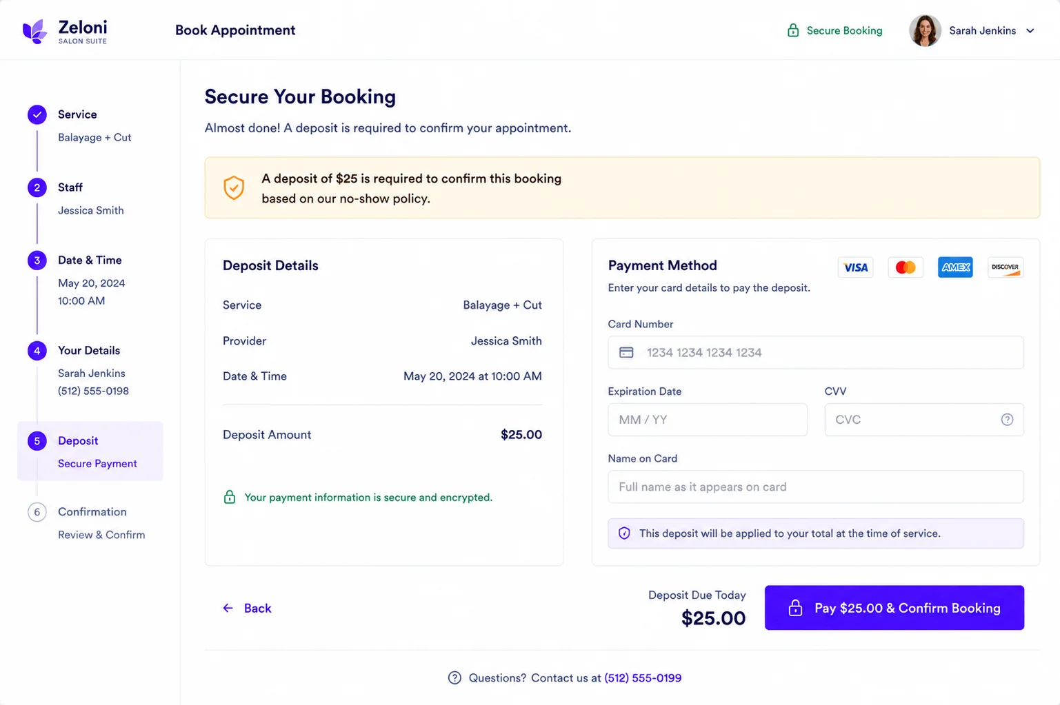 Automatic deposit requirement on the next booking visual demonstration mockup