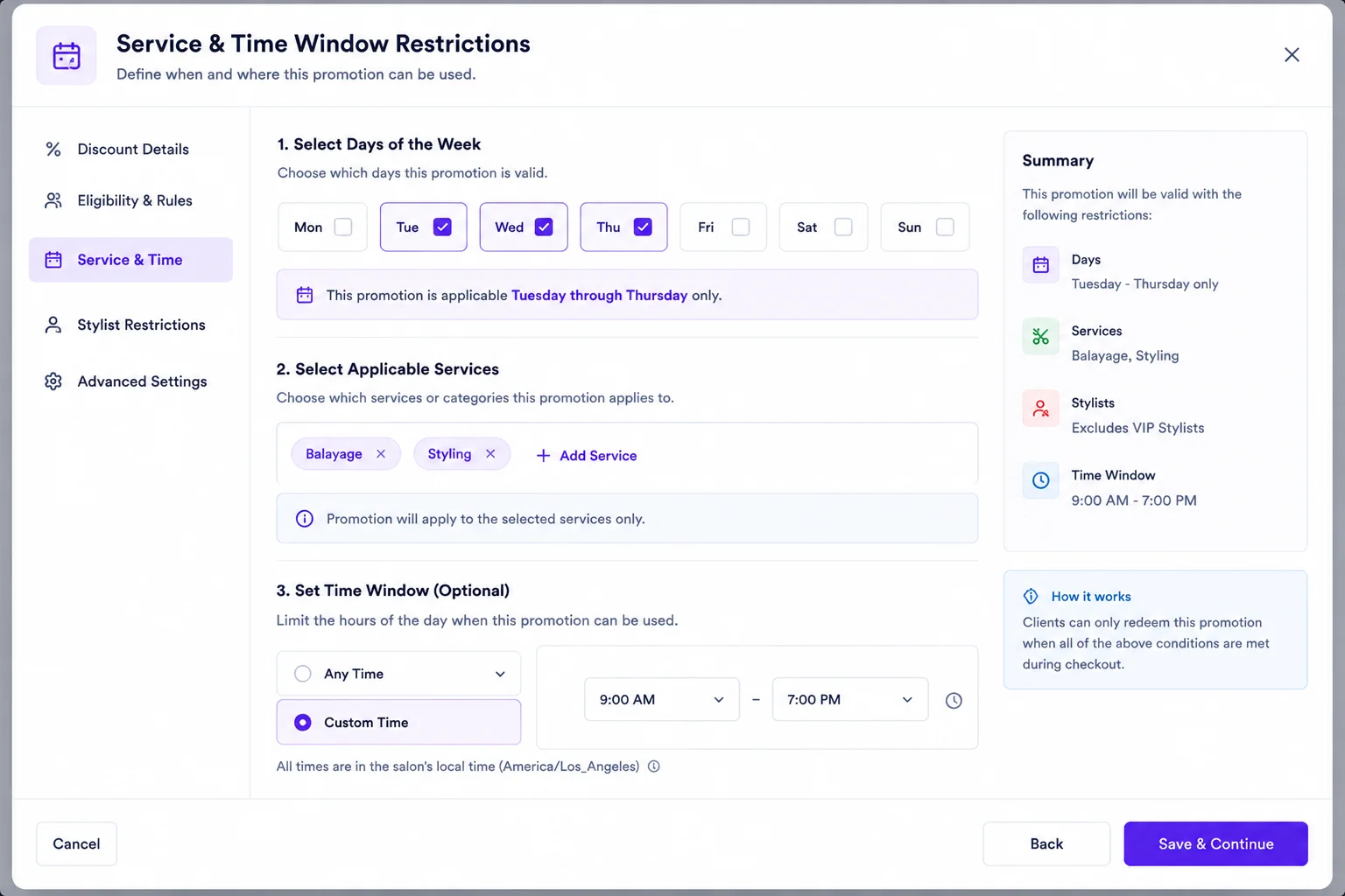 Service, staff, and time-window restrictions visual demonstration mockup
