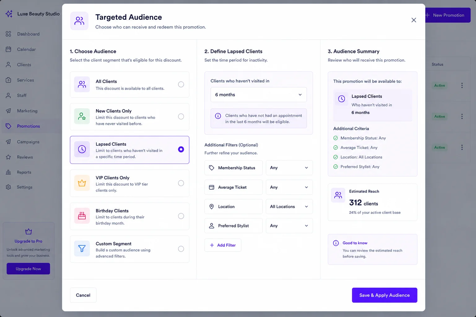 Client-type and segment targeting visual demonstration mockup