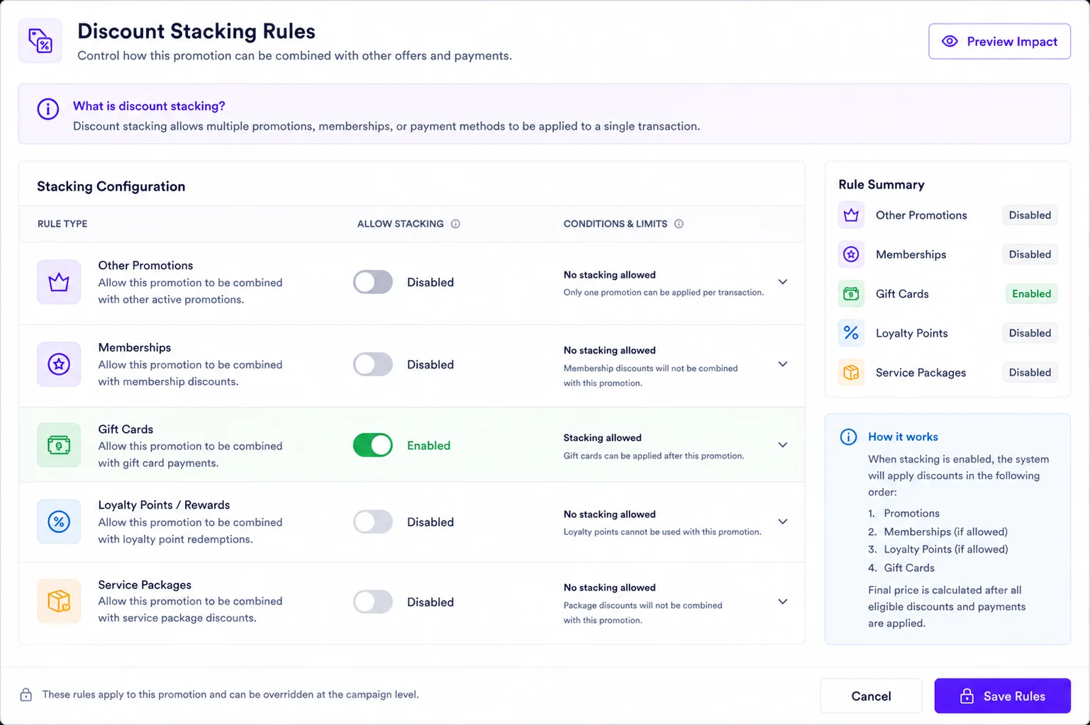 Stackability rules visual demonstration mockup
