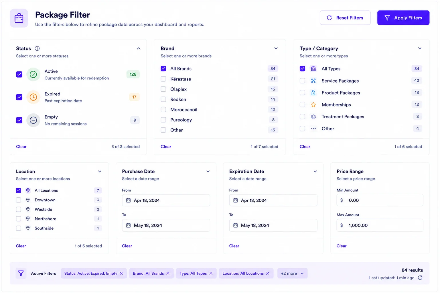Filter by package type, seller, or expiry visual demonstration mockup