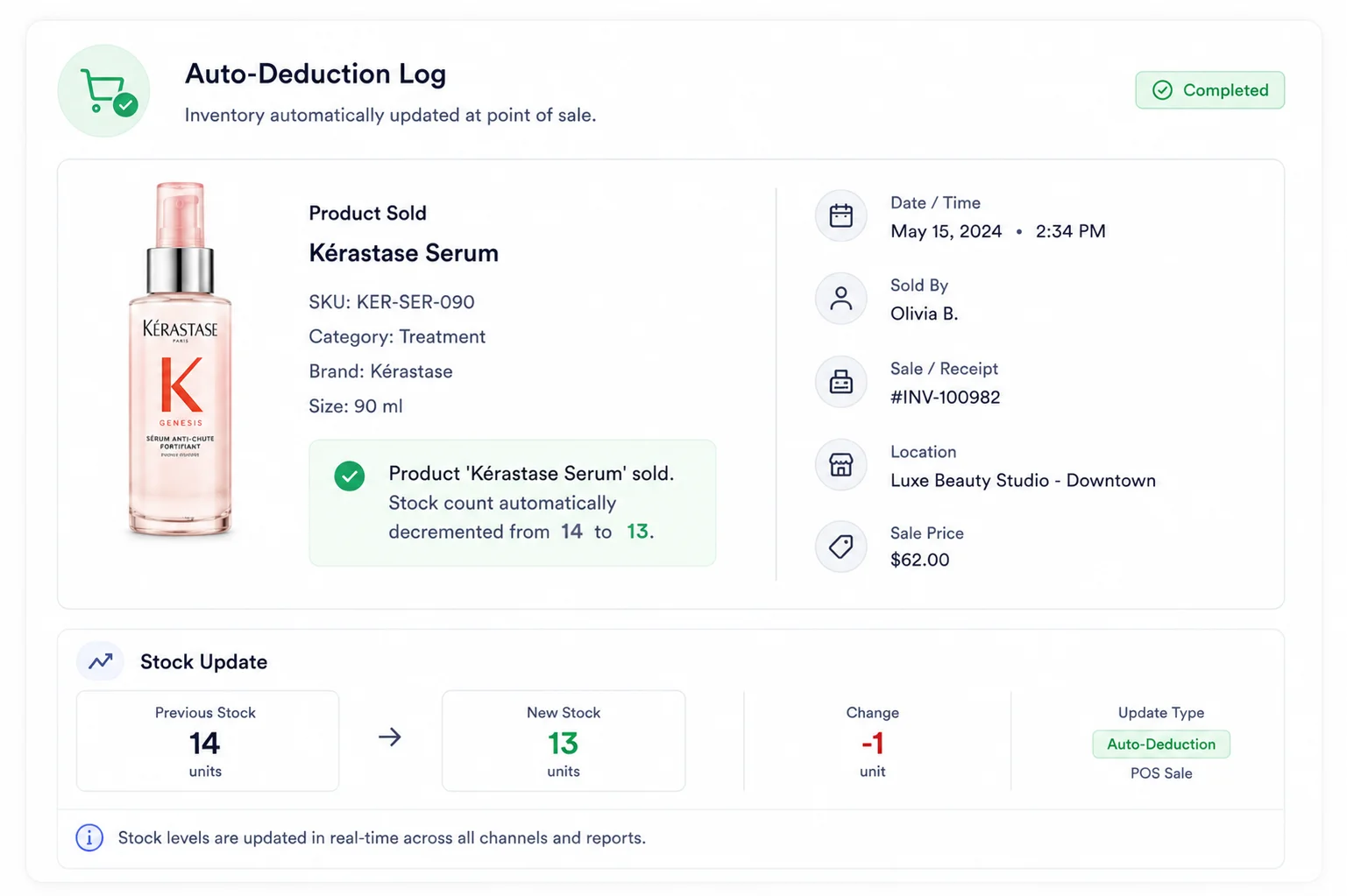 POS sale auto-deduction at checkout visual demonstration mockup