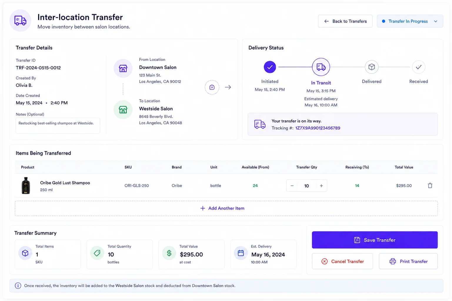 Stock transfer between locations visual demonstration mockup