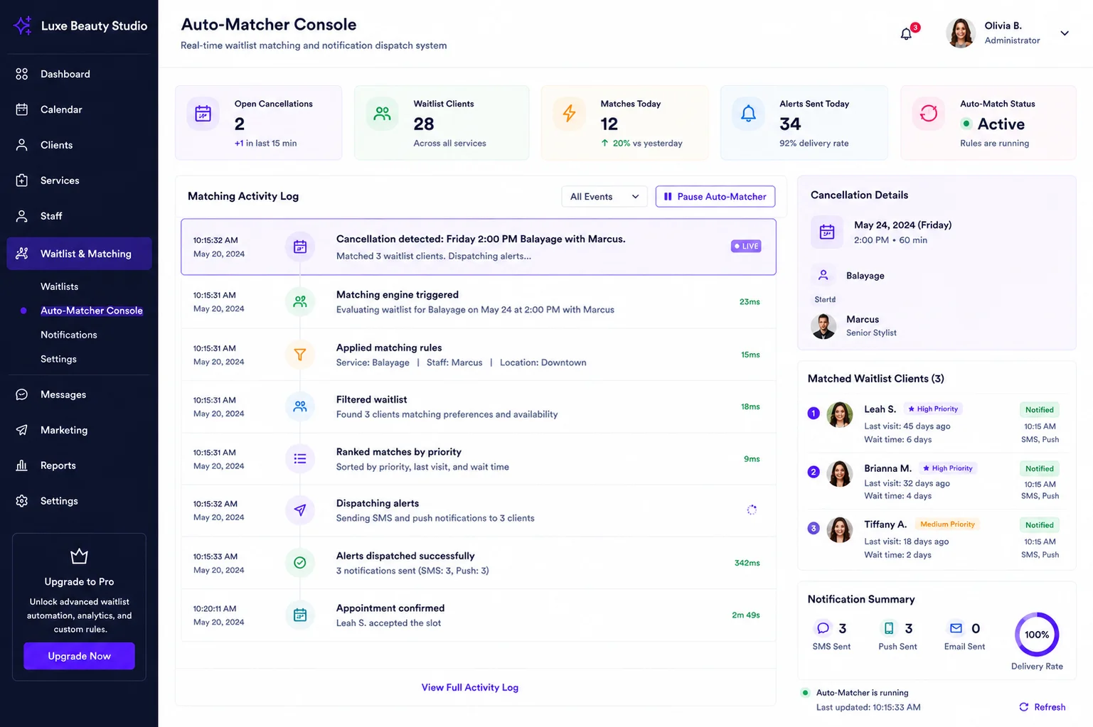Automatic notification on cancellation match visual demonstration mockup