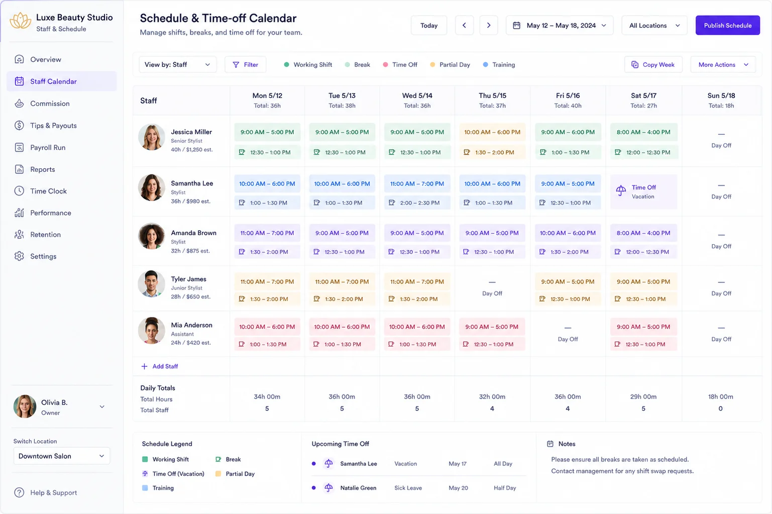 Staff hours and time-off management visual demonstration mockup