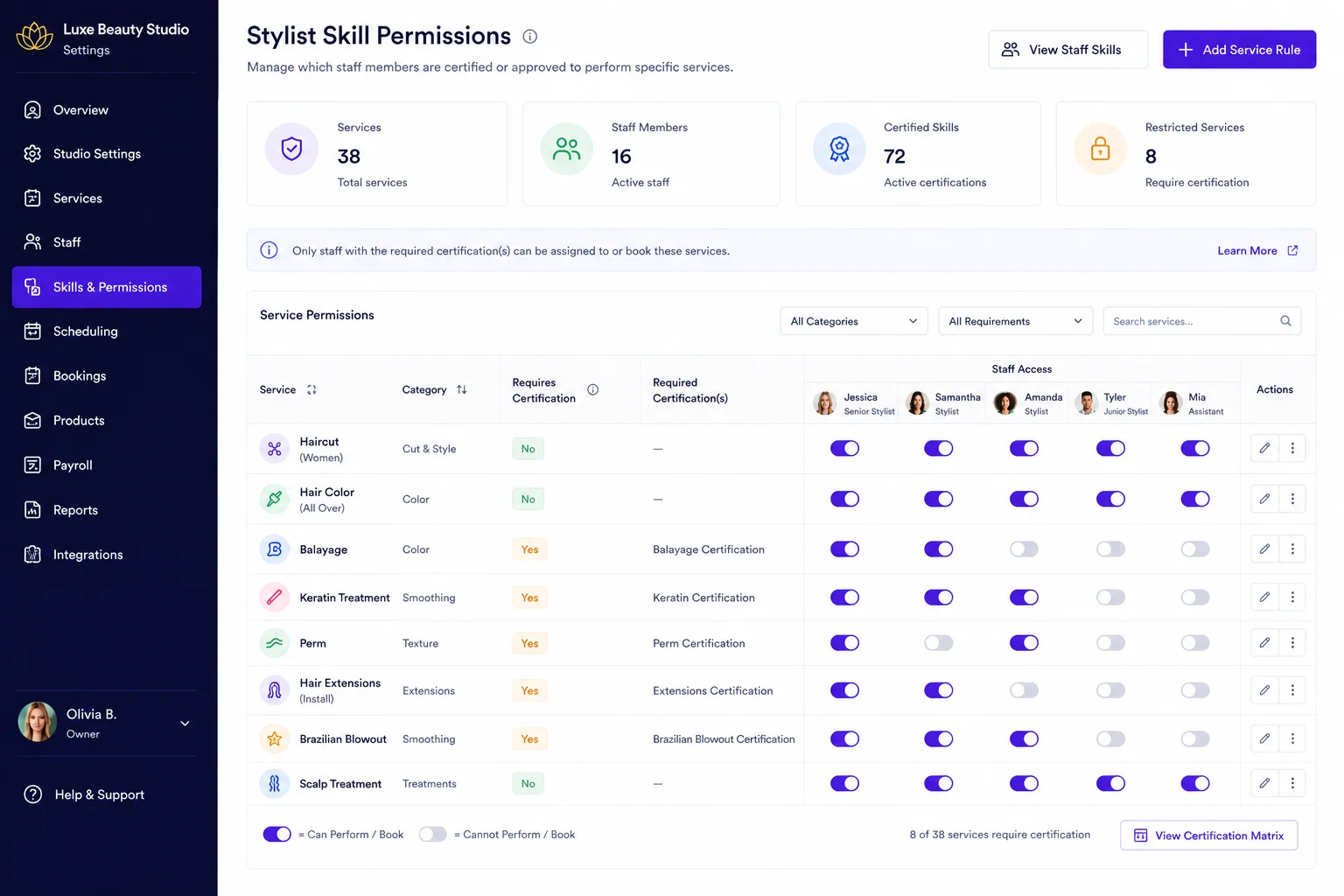 Service permission and skill mapping visual demonstration mockup